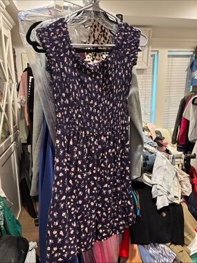 Navy Floral Smocked off the shoulder  Midi Dress